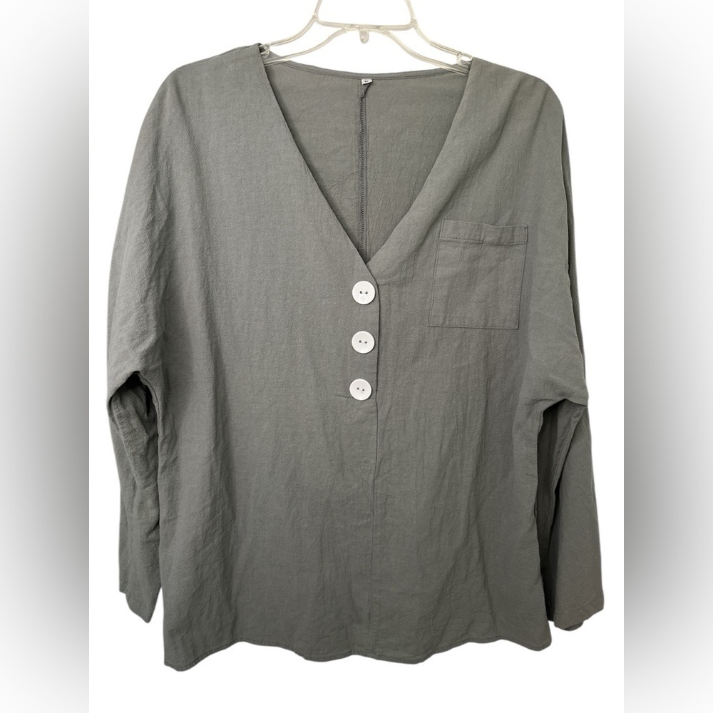 Gray V-Neck Long Sleeve Cotton Blouse NWOT